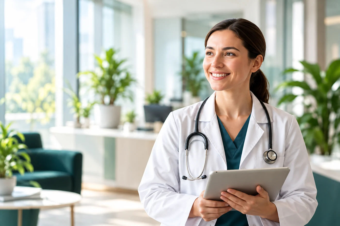 Healthcare professional holding a tablet in a bright practice