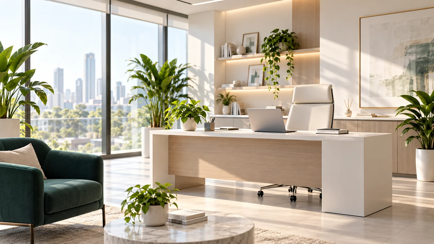 Bright healthcare practice reception with plants