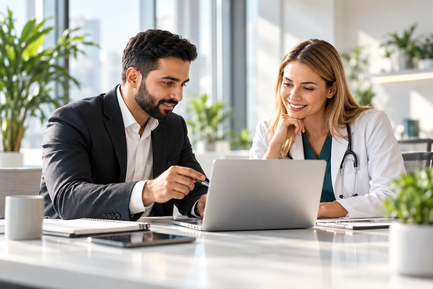Healthcare leaders reviewing strategy together